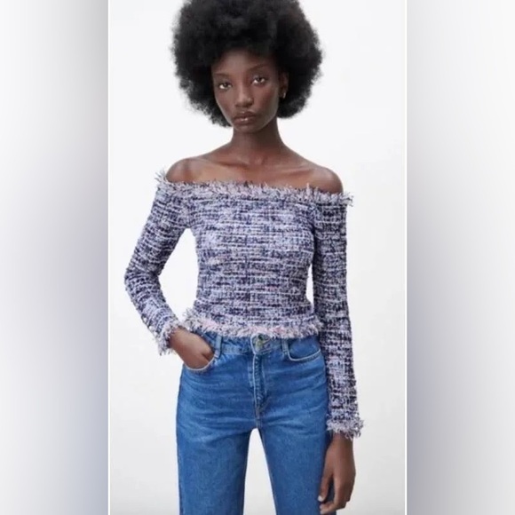 Zara Tweed Frayed Off-Shoulder Sweater Top size L - Picture 2 of 7